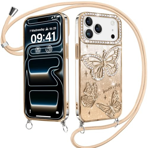 Kueqeay Handyband Handyhülle für iPhone 17 Pro mit Band Kette, Glitzer Plating Cover Transparent Aesthetic 3D Schmetterling Motiv Sparkly Diamond Camera Luxury Case mit Kordel zum umhängen, Gold