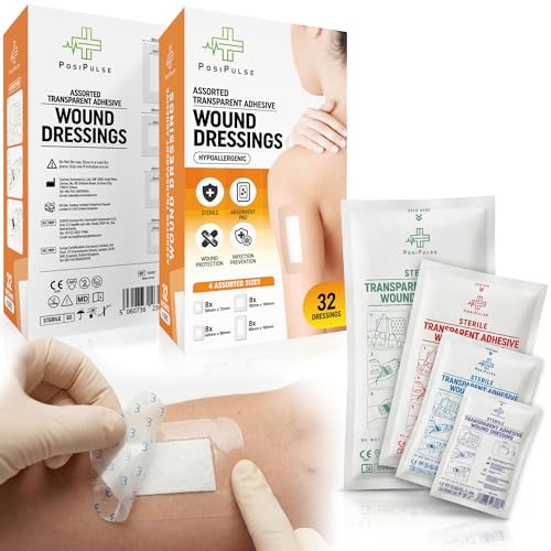 Posi Pulse Assorted Sterile Transparent Island Dressings 32 Pack – Waterproof Hypoallergenic Adhesive Wound Plasters, Absorbent Pad, Individually Wrapped, 4 Sizes 50x72mm, 60x80mm, 80x100mm, 80x150mm