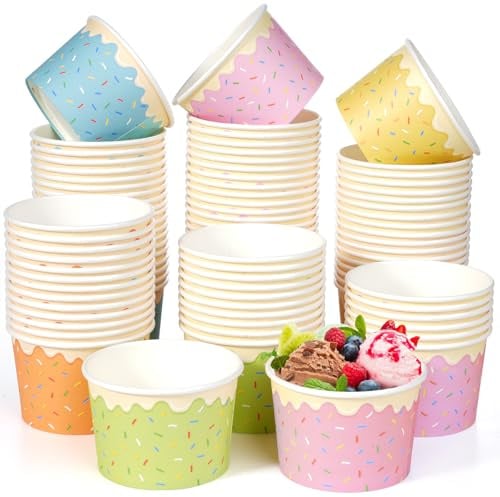 JOYELL 50 Stück Papp-Eisschalen, 9oz (260ml) Einweg Dessertbecher mit buntem Streusel-Design, 5 Farben Dessertschalen für Kindergeburtstag, Candy Bar Zubehör, Gartenparty