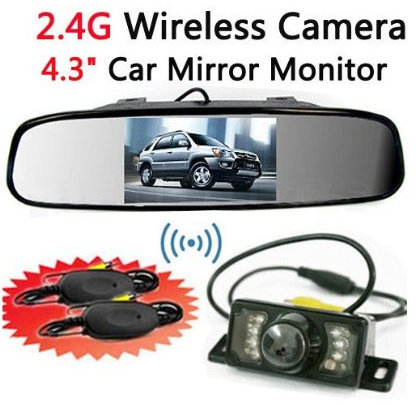 BW® - Specchietto retrovisore da auto, wireless, con sensori parcheggio e sistema di videocamera notturna, LCD, 4,3