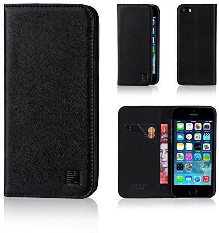 32nd Classic Series - Real Leather Book Wallet Flip Case Cover For Apple iPhone 5, 5S & SE (2016), Real Leather Design With Card Slot, Magnetic Closure and Built In Stand - Black