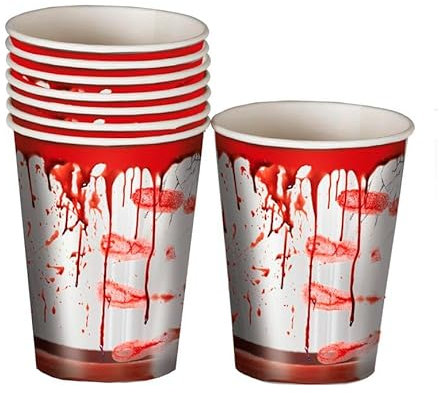 FIESTAS GUIRCA | 6 Gobelets Jetables Sanglants (240 ml) (9 cm) - Décoration de Table pour Fêtes d'Halloween Terrifiantes - Idéal pour Célébrations de Peur - Blanc, Rouge