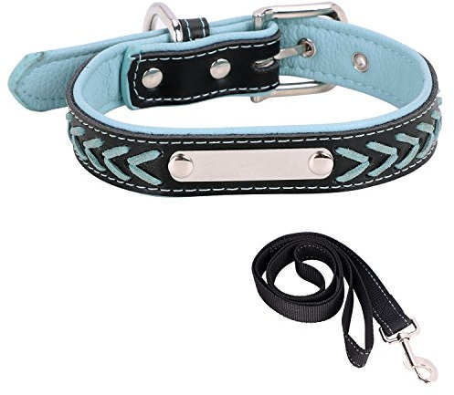 ITODA Personalisierter Halsband Set mit Hundeleine Größe Edelstahl Name Marke mit Wunschgravur Outdoor Leder Halsband für Haustiere zu Spazieren Training Reisen Blau M