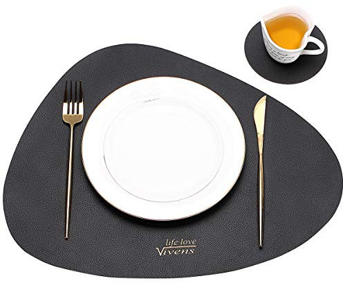 VIVENS Tischset, 43 x 34 cm, Tischsets und Untersetzer aus PU-Leder, 2 Stück, rutschfest, strapazierfähig, bunt, waschbar, wasserdicht (schwarz)