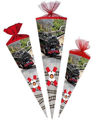 Schultüte - Dampflok/Lokomotive - Eisenbahn/Zug - 22-85 cm - Größe wählbar - 6 eckig - Tüllabschluß - Zuckertüte - mit/ohne Kunststoff Spitze - Nestle..