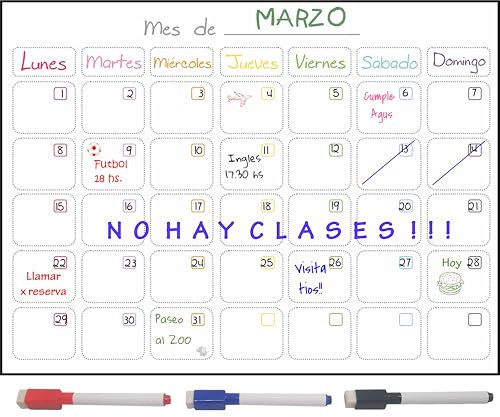NOMBRETINAS Calendario Magnético Nevera | Planificador Mensual A3 (42x30 cm) en Español | Kit de 3 Rotuladores Incluidos | Pizarra Imán Frigorífico de Borrado en Seco
