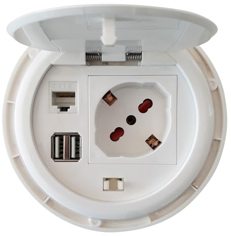 Techly 361698 Prise de bureau à encastrer avec 2 prises USB et RJ45 avec couvercle blanc