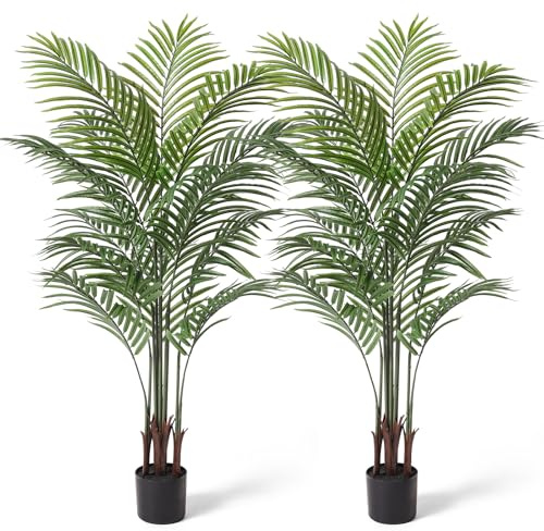 Artificial Areca Palm Plant 5Ft Fake Tropical Palm Tree, Perfect Faux Dypsis Lutescens Plants in Pot for Indoor Outdoor House Home Office Garden Modern Decoration Housewarming Gift,2Pcs