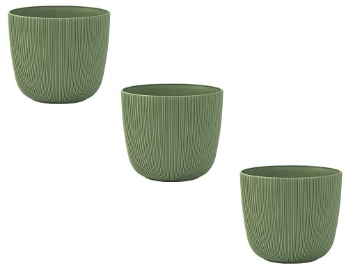 Engelland - 3 x Blumentopf mit Drainagesystem, Moos-Grün, Rillenoptik, Pflanz-Topf, Kübel, modern, widerstandsfähig, rund, wetterfest, Kunststoff, Ø 15 cm, 1,8 Liter