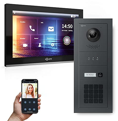 GOLIATH Hybrid IP Video Türsprechanlage – 10 Full-Touchscreen Monitor, Aluminium Unterputz Türstation, Fingerabdruckscanner, 180° Ultra-Weitwinkel Kamera, AV-IPS-641