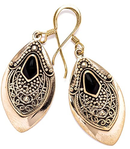 WINDALF Vintage Wikinger Ohrhänger AVALON 4.4 cm Blattschmuck mit schwarzem Onyx Mittelalter-Schmuck Bronze