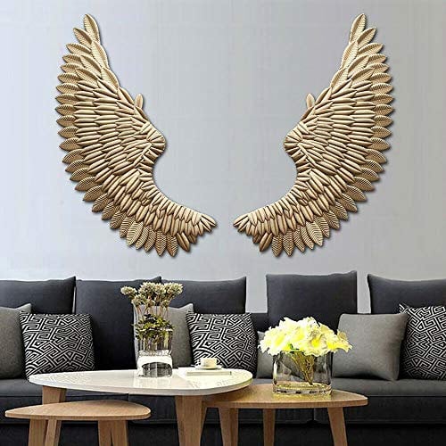 SanBouSi Large Engelsflügel Wanddeko aus Metall 3D Angel Wandskulpturen Angel Wings Wanddekoration Gold Metallflügel Wandhänger 100 x 38 cm