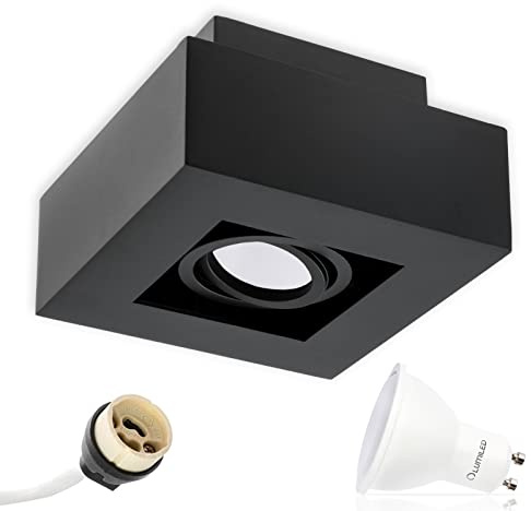 Lumiled Aufbauspot LED Aufbauleuchte Deckenspot Deckenlampe Spot Deckenleuchte schwenkbar Downlight eckig schwarz inkl. 6W LED–Leuchtmittel GU10 580lm 3000K Warmweiß 230V 120° Aluminium