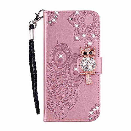 Reevermap iPhone SE 2022 Hülle iPhone SE 2020, iPhone 8 Handyhülle iPhone 7 Flipcase Kredit Karten Fach Geldklammer Leder Tasche Glitzer Bling Eule Schale Schutzhülle, Roségold