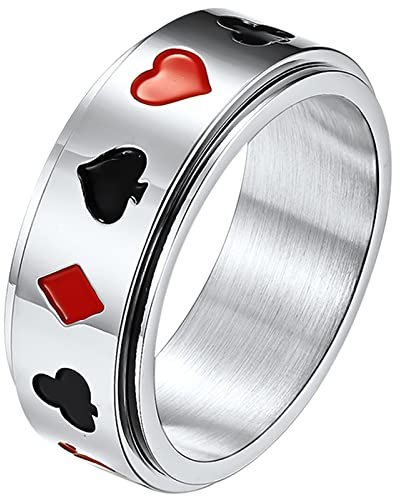 JewelryWe Schmuck Fidget Angst Ring Herren Damen Spielkarte Poker Spinnring Edelstahl Pik Herzen Pflaume Quadratische Karten Band Bandring mit Gravur, Silber Größe 67
