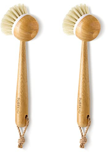 SUBEKYU Dish Brush with Handle, Natural Bamboo Dish Scrubber Brush, Kitchen Dishwashing Brush for Cleaning Dishes/Pans/Pots/Sinks, Sisal Bristles, 2P