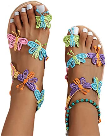 Sandali Piatti Da Studente Infradito Bohemia Con Farfalle Colorate Sandals Separatori Estivi In pelle PU Flip-Flops Romani D'epoca Scarpe Da Spiaggia Casual Da Donna ( Color : Brown , Size : 37 EU )