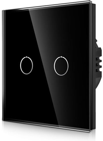 CNBINGO Interruptor de luz táctil empotrado en negro - Doble interruptor de pared con LED de estado y panel de cristal - Sin cable neutro - Táctil doble - 500 W/compartimento