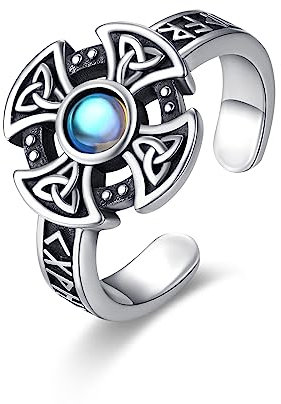 Wikinger Ring 925 Sterling Silber Keltischer Kreuz Mondstein Ringe Einstellbar Offener Ring Keltische Schmuck Retro Geschenke für Damen Herren Sohn Teenager Mädchen Geschenk