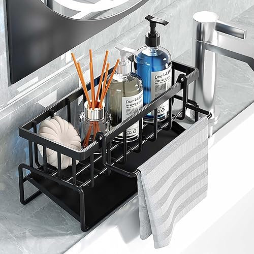 Lrpiyvo Spülbecken Organizer mit Abtropfschale Spülbecken Caddy Organizer Edelstahl Spülbecken Organizer Schmal Küchen Organizer Waschbecken Organizer für Lappen Bürsten Schwamm und Seife