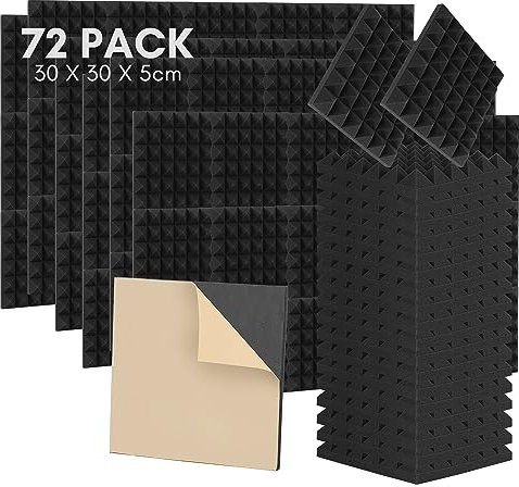 Sonnewelt Akustikschaumstoff Selbstklebend 72 Stücke 5x30x30 cm 3D Hochdichte Schallabsorber Wand Hall Echo-Fliesen reduzieren Schalldämmung für Tonstudio Aufnahmestudios Büro Schwarz Pyramide