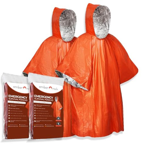 Ember Rock Notfall Survival Poncho mit Thermo Mylar Folienbeschichtung und Decke für Wärmehaltung Regenschutz. Wendbar mit Kapuze (Orange 2er-Pack)