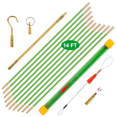 14FT Wire Fish Tool Electrical Wire Snake Fish Tape Fish Rods, Bright Green Wall Wire Fishing Tool Glow Rods Wire Pulling with 5 Different Attachments in a Carrying Case