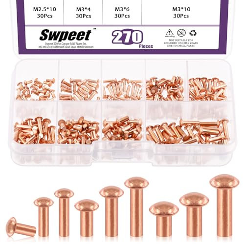 Swpeet 270Pcs Half Round Head Copper Solid Rivet Metal Fasteners Set, Copper Solid Rivets Rivet Fastener Ideal for Electrical Applications Belts Wallets Collars Leather DIY Craft Supplies