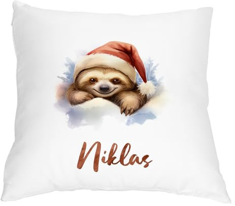 Kuschel-Kissen personalisiert Faultier-Motiv im Comic-Stil (Weihnachten) | mit Wunschname Bedruckt | Witziges Dekogeschenk | 40 x 40 cm