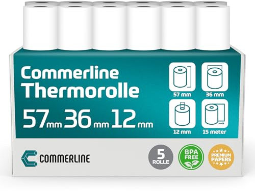 Commerline Thermorollen 57mm x 36mm x 12mm, 15 Meter, 5 Rolle, Ec rollen, Bonrollen Ec gerät, Thermopapier, Kassenrollen