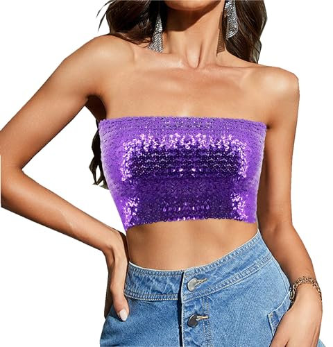 Segreto Top sexy da donna con paillette, senza maniche, vintage, a fascia, senza spalline, crop top per feste, Corto Viola, Taglia unica