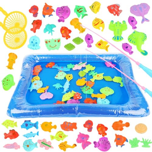 LUFEIS Angeln Spielzeug, Angelspiel Magnet, 49 Stück Angelspiel Kinder, Badespielzeug, Badewannenspielzeug Kinder mit Pool, Rute und Netz, Fische Angeln Spiel 2 Jahre, Geschenk für Mädchen Jungen