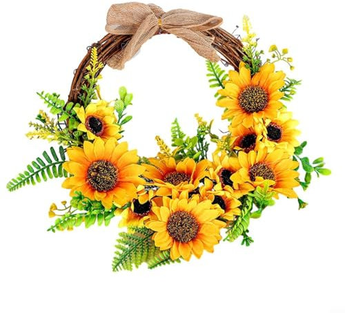 FUBESK Spring Wreaths For Front Door, 11.8 inch Artificial Sunflower Wreath Spring Summer Fake Flower Wreath Yellow Sunflower and Green Leaves Ratten Wreath for Home Wall Décor