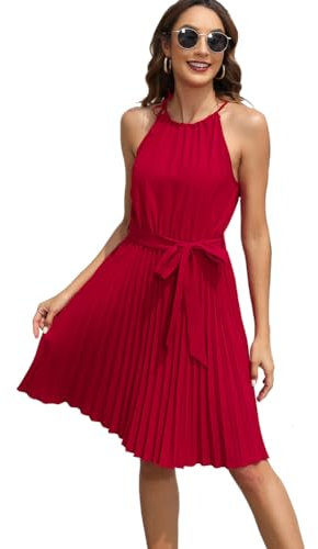 XIVISTO Femmes Robes d'été Bohème Halter sans Manches Mini Swing Robe avec Ceinture Plage Casual Ample Chic et Elegant Soiree Tunique Robe