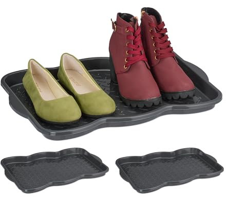 Relaxdays Schuhabtropfschale 3er Set, Kunststoff, Schuhablage 2 Paar Schuhe, Schuhabsteller, HBT: 3 x 48 x 34 cm, grau