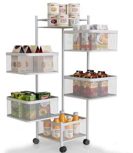 Huhote 5 Ebenen Rollwagen Eckig, Obst mit Rädern Küchenregal, Gemüseregal mit Rollen, Quadrat Küchenwagen, Obstwagen, Aufbewahrungswagen für Küche Badezimmer Wohnzimmer Kinderzimmer (Weiß)