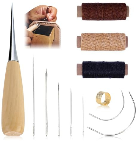 12 PCS Leather Repair Kit, Upholstery Repair Kit Complete Upholstery & Leather Repair Set with Needles, Waxed Thread, Awl, Thimble for Sofas, Shoes, Carpets Thread for DIY and Professional Use