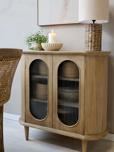 Chic Antique Retro Kommode Vitrine Curvy Oval Holz und Geripptes Glas