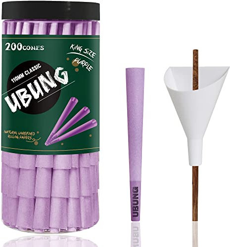 UBUNG 200 Stück Große Größe Lila Konisch vorgedrehte Hülsen, King Size 108 mm Konisch Papiers Hülsen, Einschließlich 1 Trichterlader und 1 Putter für Verpackungen