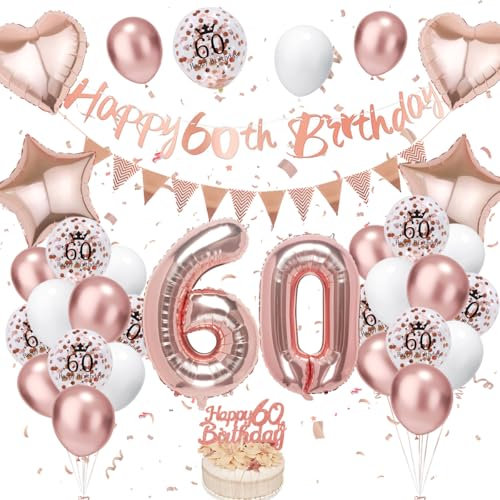 60. Geburtstag Deko Roségold - Luftballon Deko für Damen und Frauen - Roségold Weiß Luftballons mit Banner und Tortendeko für Dekoration