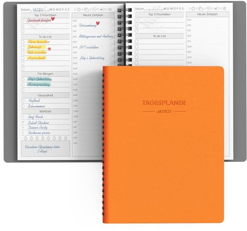 JAYSOO® Tagesplaner,undatierter Terminplaner mit 24 Stunden Zeitplan, To do list usw., 132 Seiten/66 Blatt 155x215mm Soft Cover Coil Tagesplanung für Arbeit, Lernen und Familienplan - Orange
