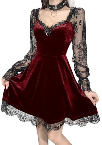 YINGWIN Lace Trim Velvet A-Line Gothic Lolita Dress Women Sexy Long Sleeve V Neck Slim Mini Dress Cosplay Party Costume Dresses Red