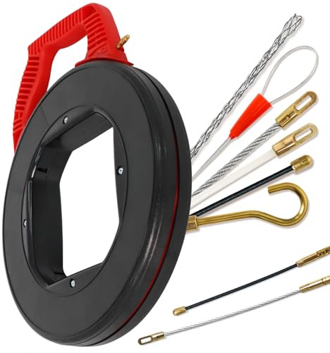 Gekufa Kabeleinziehhilfe 30m, 4mm, Einziehspirale mit 6 Adapter, Zugdraht mit Kunststoffgehäuse und Handgriff, Einziehfeder für die Kabelverlegung(Schwarz)