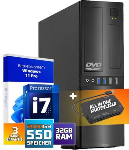 GMR Ultra Slim Desktop PC Intel i7 32GB RAM 2000GB SSD USB 3 WiFi Bluetooth Windows 11 Pro Office PC - Leistungsstarker Desktop PC Windows 11 mit DVD für Büroanwendungen