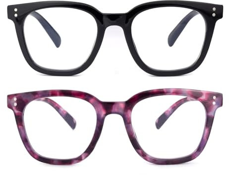 SKYWAY 2er-Pack Lesebrille für Damen Herren-Computerlesebrille mit Blaulichtfilter-Übergroße Quadratische Lesebrille mit Federscharnier-Blendschutz/Augenbeschwerden,Schwarz/Violett Schildpatt,1.0