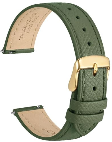 WOCCI 18mm Grace Uhrenarmband für Damen, Top Grain Leder, Schnellverschluss, Goldener Schnalle (Reseda Grün)
