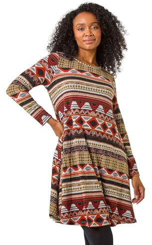 Roman Originals Tunic Dress with Pockets for Women UK Ladies Swing Fit & Flare Skater Slouch Stretchy Casual Smart Winter Jersey Pull On Work Office 3/4 Long Sleeves - Petite Orange - Size 14