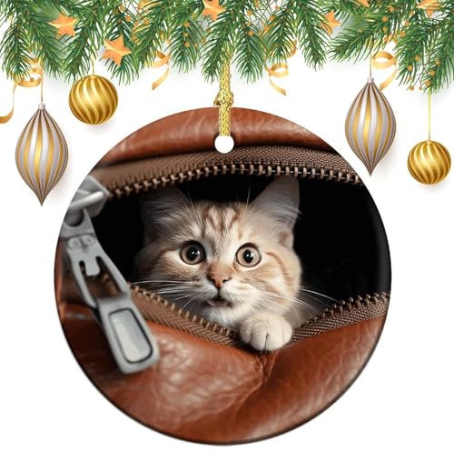 2024 Runde Weihnachtsdekoration, hängende Weihnachtsbaumspitze, Ornament, Katze, die aus Leder schaut, Taschenbaumspitze, Dekoration, Keramik, Kreis, hängende Anhänger für Weihnachtsbaumspitze,