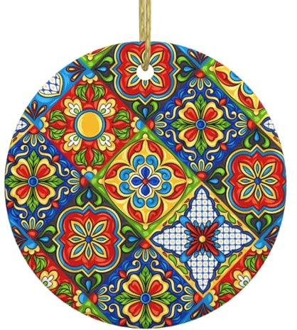 Mexican Ceramic Tile Ceramic Christmas Tree Hanging Ornaments - Festive Round Decorations for Xmas Home Parties, Weddings