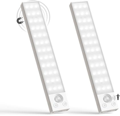 LQWELL® Schrankleuchte mit 36 ​​LEDs und Bewegungsmelder, 22.5 cm, 1500 mAh, Wiederaufladbar, Dimmbar, Schrankleuchte für Küche, Kleiderschrank, Bücherregal, Schlafzimmer (Weiß, 2 Stück)